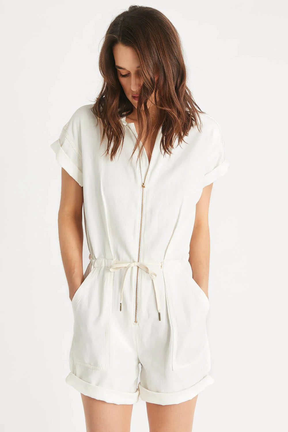 Amie Tie Waist Romper in Natural