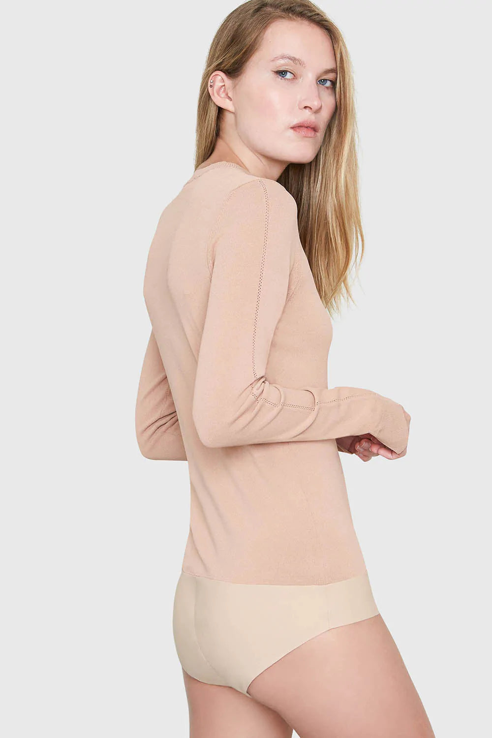 Amber Crew Neck Sweater Bodysuit in Nude