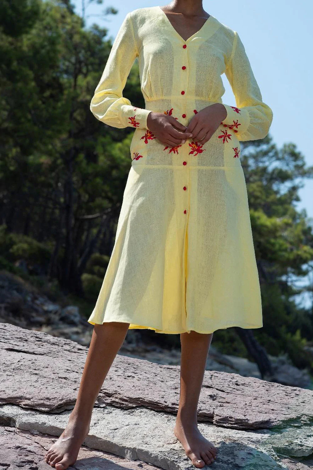 Ambroise V Neck Midi Dress in Yellow