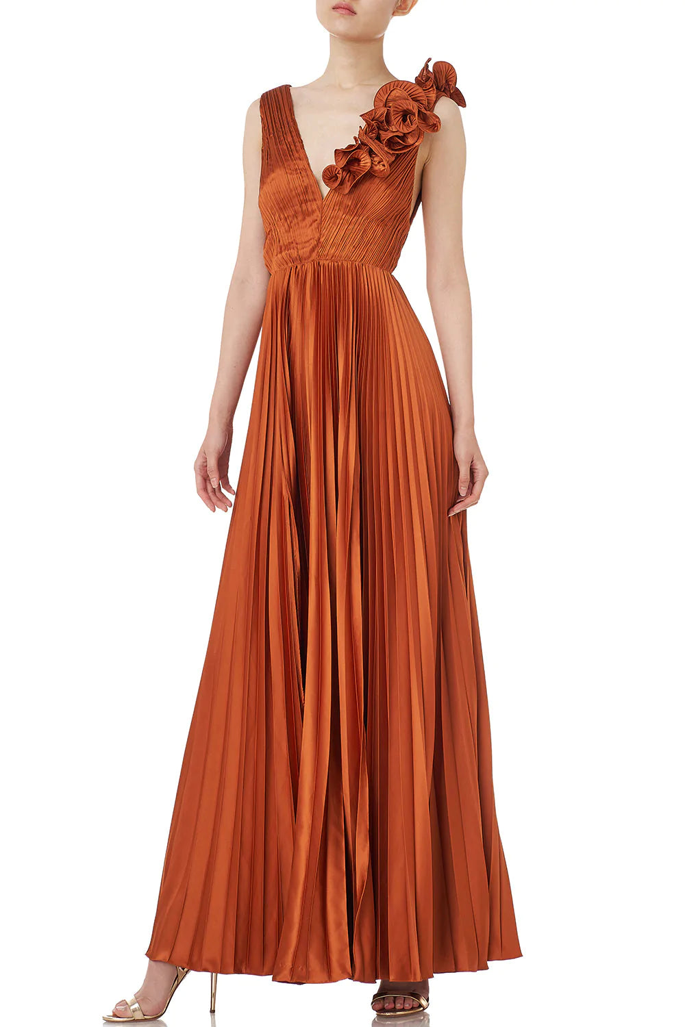 Aviva V-Neck Pleated Gown Copper