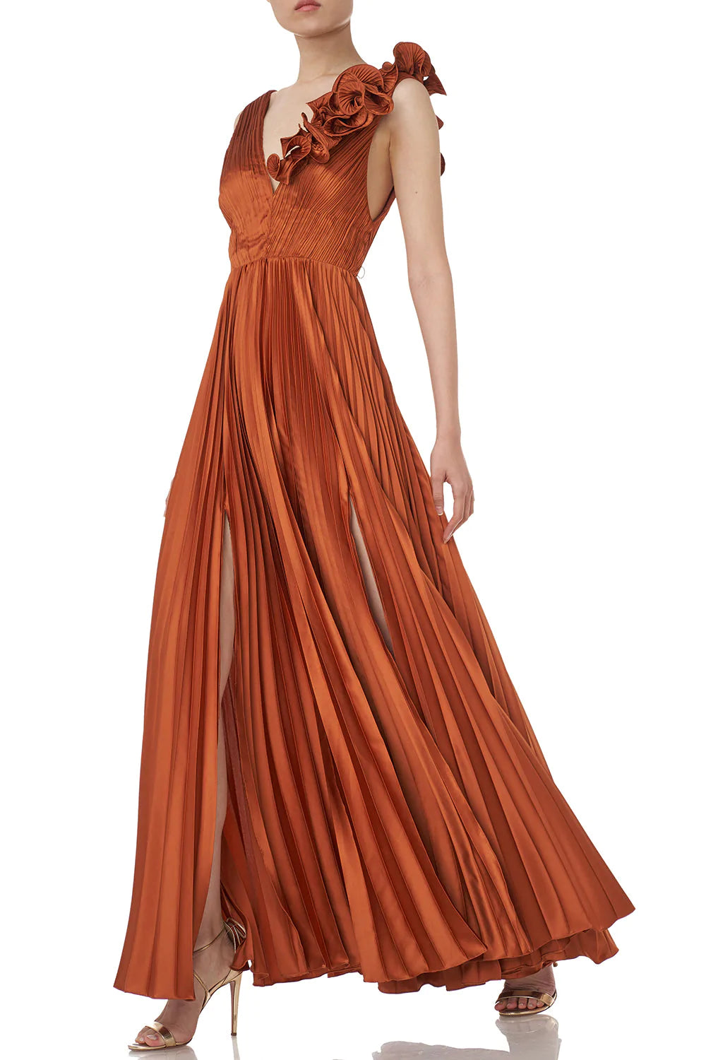 Aviva V-Neck Pleated Gown Copper