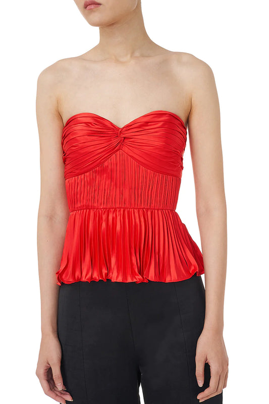 Cash Pleated Satin Peplum Top in Red