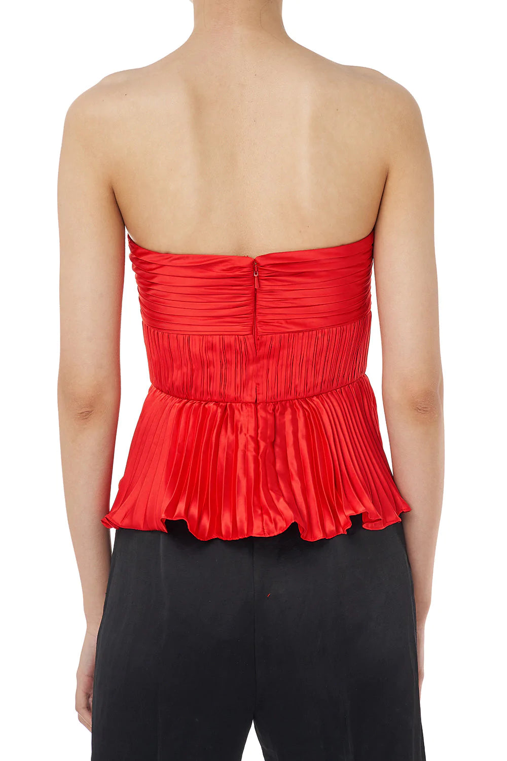 Cash Pleated Satin Peplum Top in Red