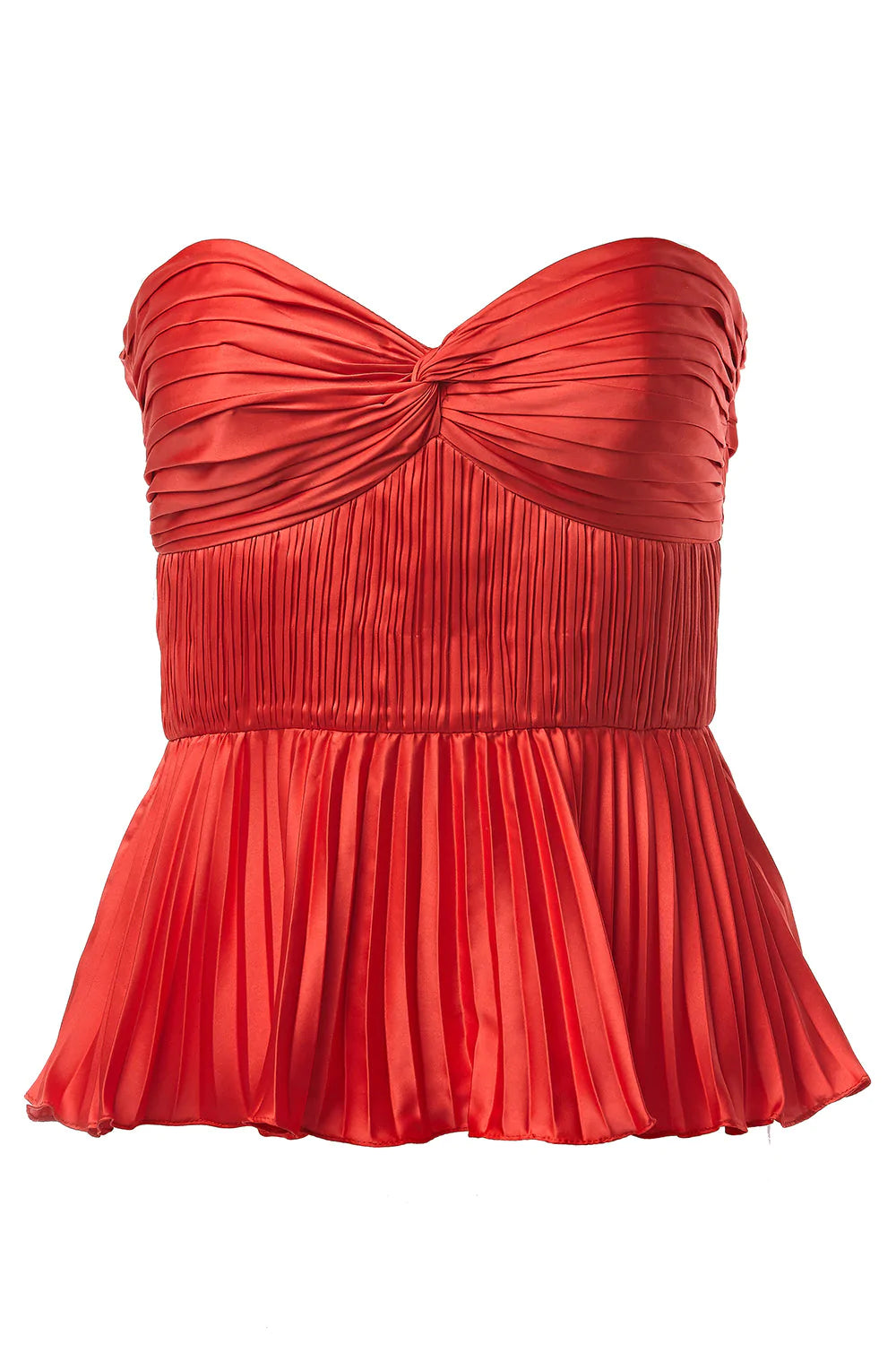 Cash Pleated Satin Peplum Top in Red