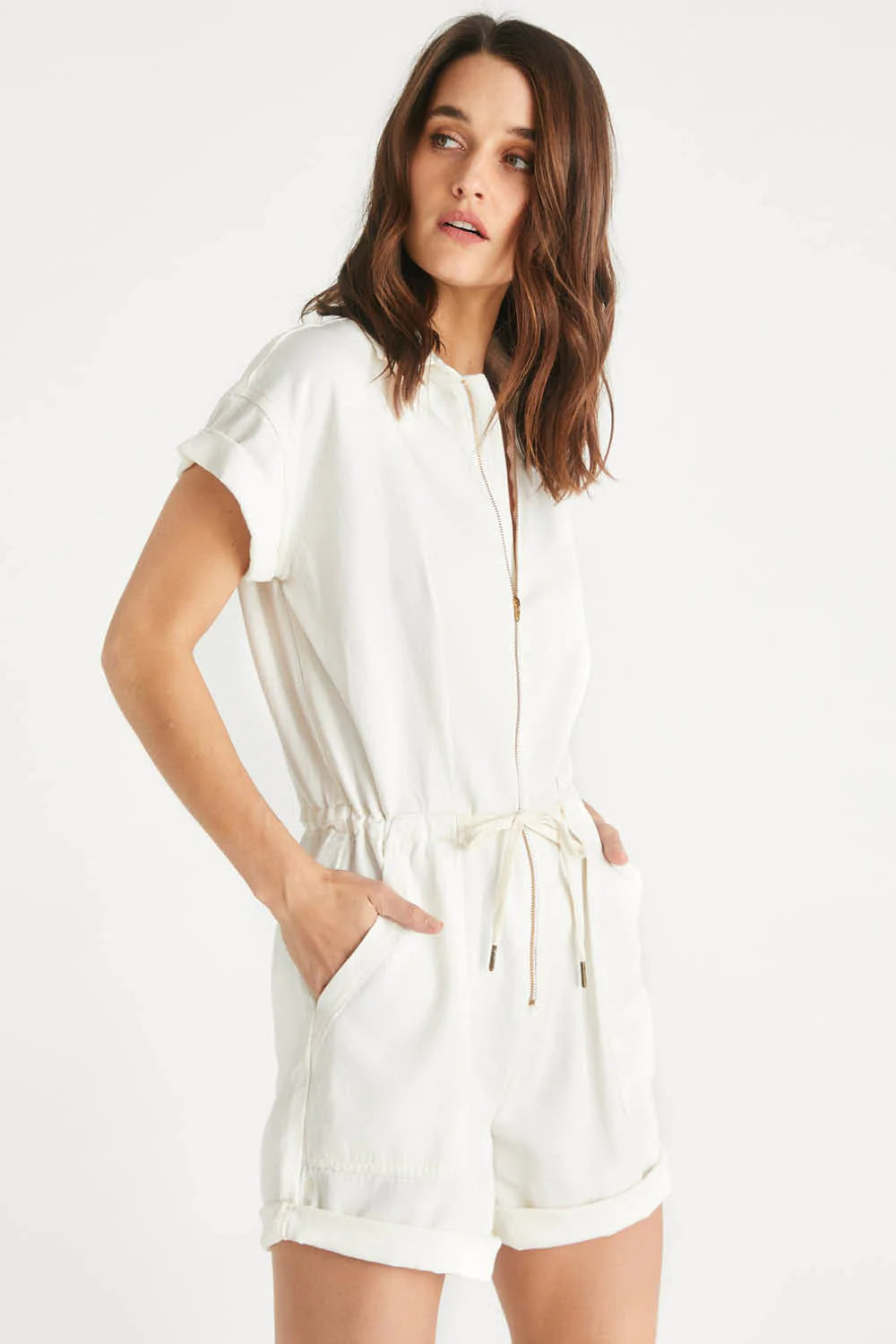 Amie Tie Waist Romper in Natural