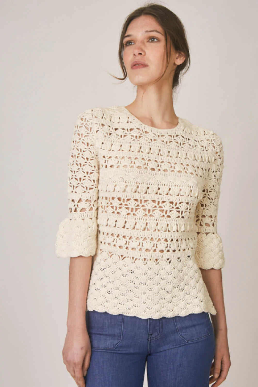 Bemus Peplum Cotton Crochet Top in Vanilla