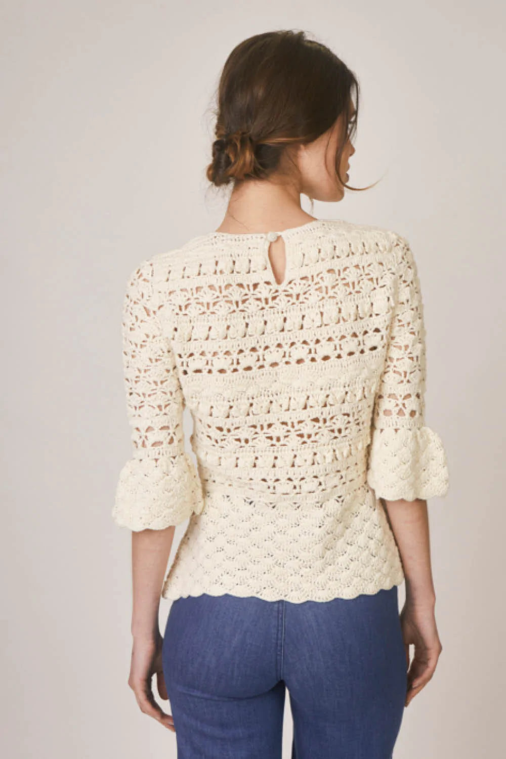 Bemus Peplum Cotton Crochet Top in Vanilla