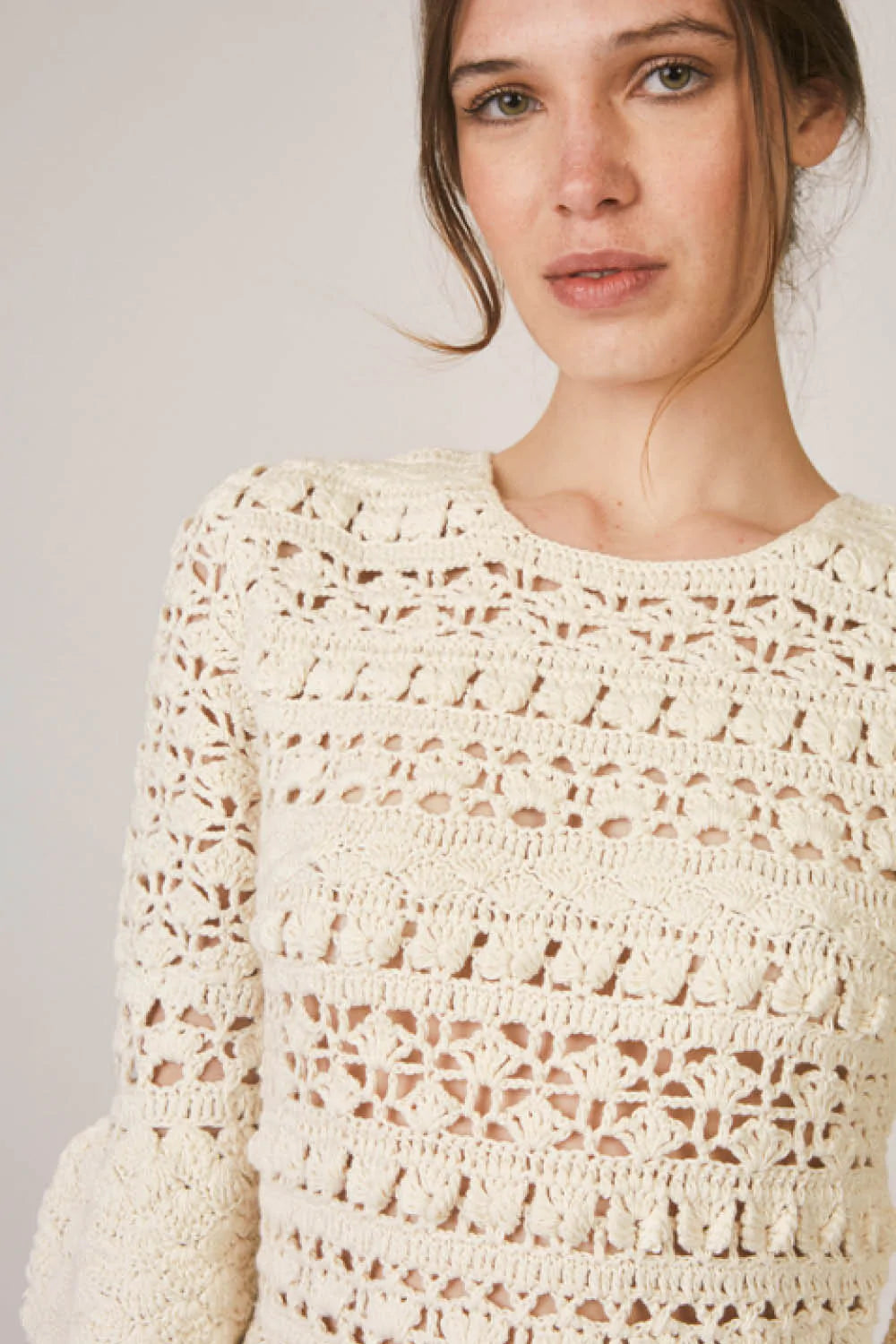 Bemus Peplum Cotton Crochet Top in Vanilla